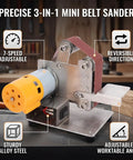 Fafeicy 3 In 1 Mini Belt Sander With Adjustable Speed Electric Bench Grinder For Metal Wood And Jewelry Polishing Station showing adjustable features.