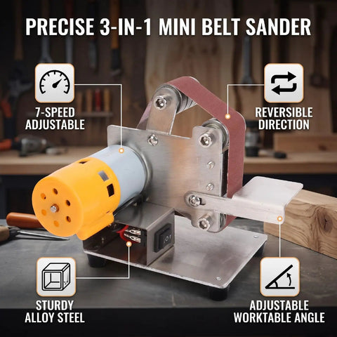 Fafeicy 3 In 1 Mini Belt Sander With Adjustable Speed Electric Bench Grinder For Metal Wood And Jewelry Polishing Station showing adjustable features.