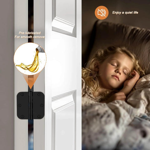 Black Interior Door Hinges 3.5 Inch By 3.5 Inch With Six Holes And 270 Degree Rotation shown installed on door.