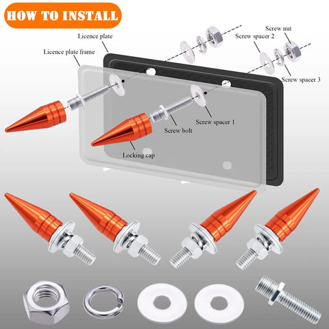 Illustration of Spike License Plate Screws Kit Four Pieces Dope Anti Theft Bolts For Cars Trucks And Motorcycles Durable Stainless Steel And Aluminum Alloy Orange Finish For Secure Mounting And Sick Bold Look