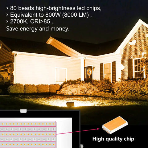 All Weather Outdoor LED Flood Light 8000LM RGBW Color Changing illuminating house front yard at night