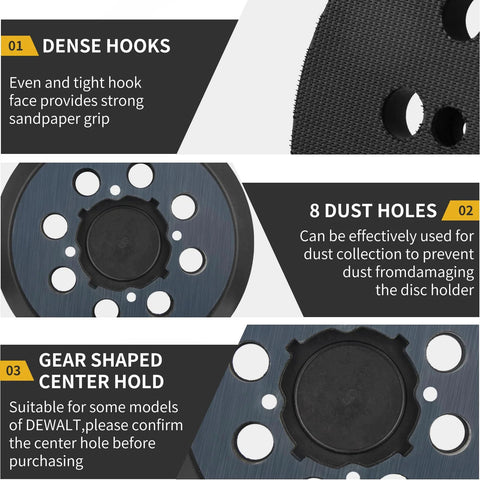 Gnellkoor 5-inch 8-hole hook-and-loop sander pad replacement, 2-pack for DeWalt DWE6421/6423 orbital sanders.