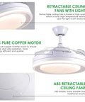 Modern 42-Inch Retractable Ceiling Fan With LED Lights And App Control, Dimmable, Enclosed Design, Quiet DC Motor