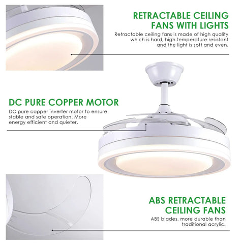 Modern 42-Inch Retractable Ceiling Fan With LED Lights And App Control, Dimmable, Enclosed Design, Quiet DC Motor