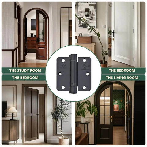 Self Closing Door Hinge Set Three And A Half Inch Matte Black Auto Close Spring Hinges for Commercial Doors in various interiors.