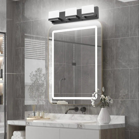 Three Light Black Dimmable LED Vanity Light For Bathroom Up And Down Wall Fixture Over Mirror With Frosted Acrylic Shade