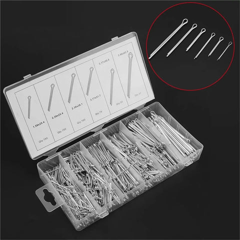 Heavy Duty Cotter Pin Kit 555 Pcs With Hairpin Style R Clips for Trailer Hitch Lawn Mower Automotive Use Case shown in organizer