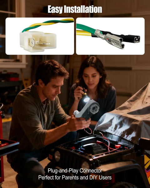 Easy installation of 2Pcs 24V RS775 High Speed Motor Gearbox for kids ride on cars by two people in a garage with connectors