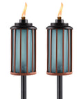 Front view of Retro Stripe Glass Torches 2 Pack 65 Inch Outdoor Patio Garden Torches Easy Install With Refillable Canisters Long Lasting Wicks Snuffer Blue And Copper.