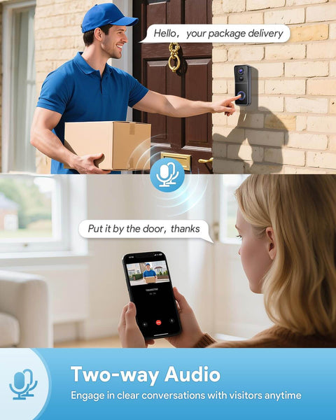 Delivery person using Wireless 2K HD Doorbell Camera With Ring Chime, No Wires Needed, Battery Powered, Two Way Audio.