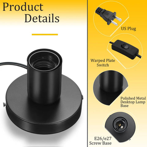 2 Pack Polished Metal Desk Lamp Bases With E26 E27 Screw Socket Heads Heavy Duty Night Light Base Replacement For Table Lamp 6 Feet Cord On Off Switch Plug Black