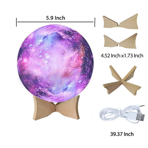 Colorful galaxy lamp with wooden stand, USB cable, and dimensions showcasing 5.9-inch globe