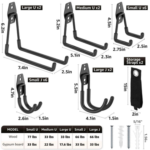 Heavy Duty Garage Hooks For Storage And Hanging Items, 20 Pack, wall-mounted steel hooks set with sizes and load ratings