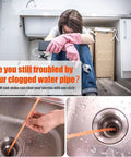 Person with pink rubber gloves holding the 3 In 1 Drain Clog Remover Kit with Plastic Drain Snakes and Stainless Steel Cleaning Stick.