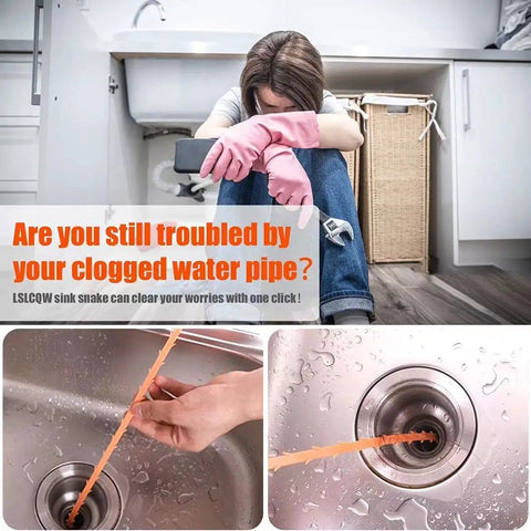 Person with pink rubber gloves holding the 3 In 1 Drain Clog Remover Kit with Plastic Drain Snakes and Stainless Steel Cleaning Stick.