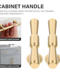 Brass Cabinet Handles 2 Pack T Bar Pulls Single Hole For Kitchen Drawers, gold finish shown with hand and installed on cabinet