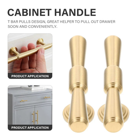 Brass Cabinet Handles 2 Pack T Bar Pulls Single Hole For Kitchen Drawers, gold finish shown with hand and installed on cabinet