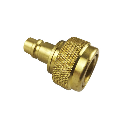 Close-up view of adjustable brass high side quick coupler from Workhorse Quick Adapter Kit For AC Refrigerant Conversion R134a To R1234yf
