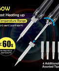 60W soldering iron with fast heating, temperature range details, and additional assorted tips for All In One Soldering Station With Fume Extractor And LED Light, 80W Main Unit With 60W Iron, Smoke Absorber, Solder Wire, Fast Heating, Auto Sleep Mode, LCD Display, 12 In 1 Pro Kit For Precise Electronics Work.