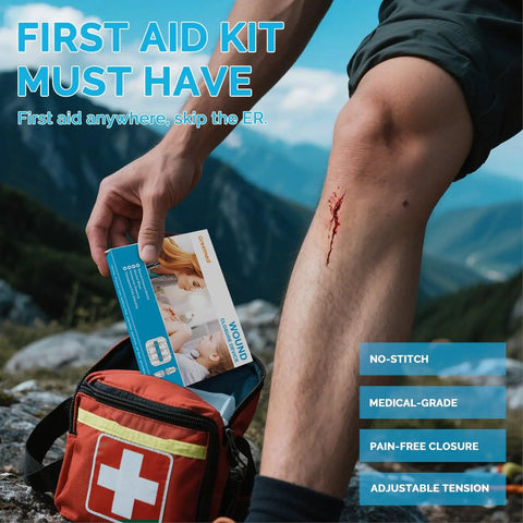 Person showing use of 16 Pack Zip Stitches Wound Closure Kit With Butterfly Bandages And Suture Options for painless first aid on leg.