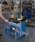No Brainer Heavy Duty Rolling Tool Chest With Three Spacious Drawers And Double Doors, blue cabinet in garage setup, organized tools.