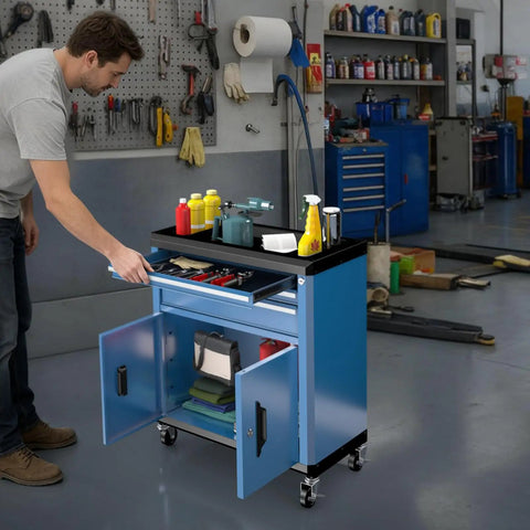 No Brainer Heavy Duty Rolling Tool Chest With Three Spacious Drawers And Double Doors, blue cabinet in garage setup, organized tools.
