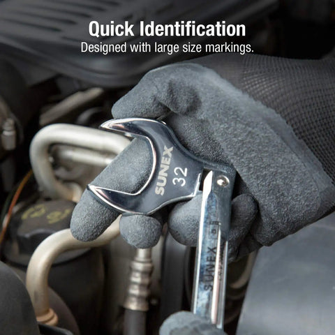 Mechanic using 32mm half inch drive jumbo metric crowfoot wrench in engine, chrome plated for rust resistance, heavy duty ANSI standards