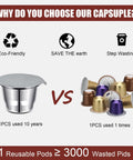 Comparison of Stainless Steel Reusable Espresso Capsules Set For Nespresso Machines with disposable capsules.