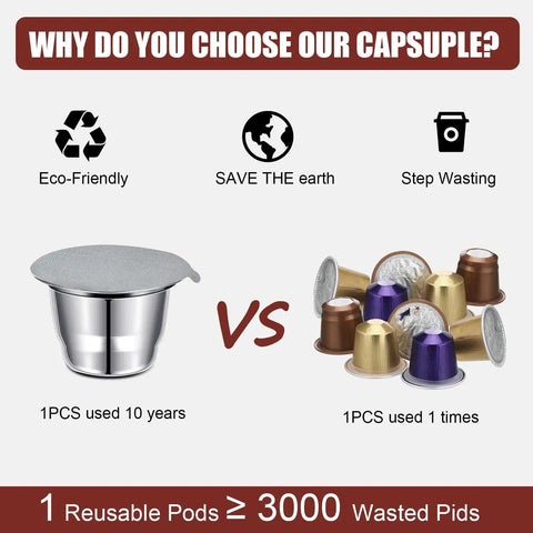 Comparison of Stainless Steel Reusable Espresso Capsules Set For Nespresso Machines with disposable capsules.
