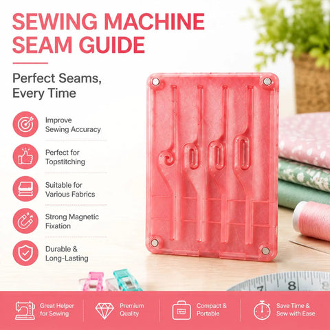 Seam Guide For Sewing Machine, Universal Quilting Accessory in pink showing alignment tool features on table.