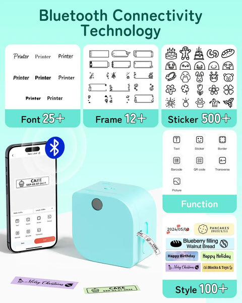 Bluetooth Label Maker With Tape P12 Small Thermal Printer in green with app interface and multiple design templates.