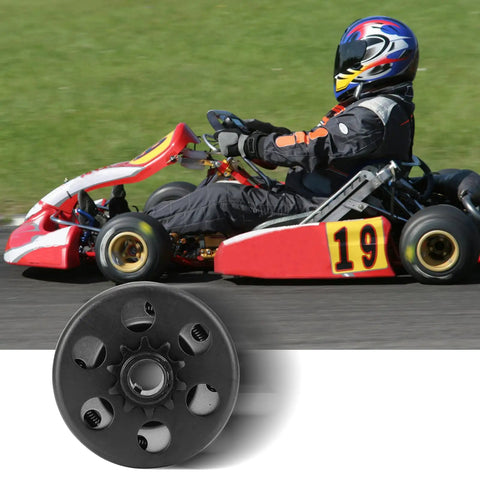 Centrifugal Go Kart Clutch Three Quarters Bore Ten Tooth For 40 41 420 Chain, shown with go-kart racer in action