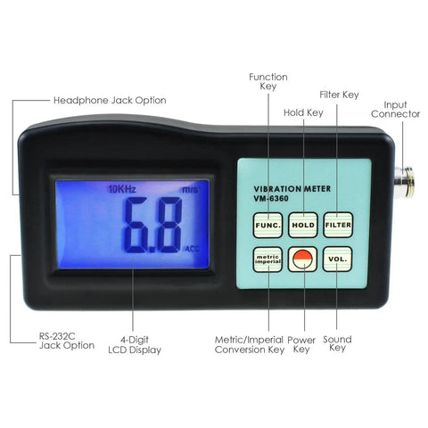 Hella Reliable Digital Vibration Meter Gauge And Analyzer For Heavy Industrial Machinery with LCD display and control buttons.