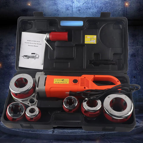 Portable Electric Pipe Threader With Six Swappable Dies For Knocking Out Clean Threads On Steel Pipes Built Tough As Nails For Mining And Rig Sites That Demand No Nonsense Heavy Duty Reliability, set in carrying case with accessories.