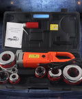 Rock Solid Electric Pipe Threader Handheld Threading Machine 110V US Plug with dies in storage case for plumbing work.