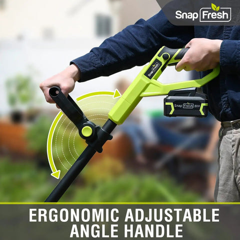Man adjusting handle of 20V Cordless Tiller Cultivator With 4Ah Battery And Fast Charger Included 300 RPM Garden Rototiller