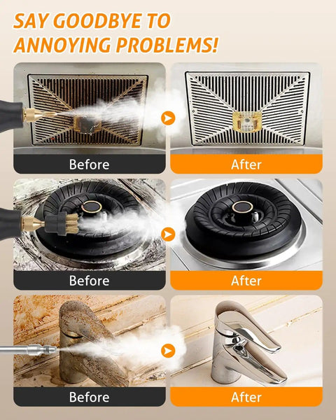 Before and after cleaning with Beast 1500W Steam Cleaner Handheld Portable for home kitchen and auto detailing.