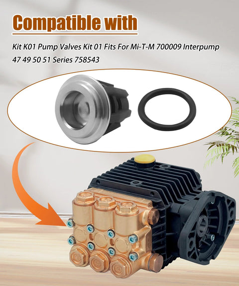 Six-piece pressure washer check valve kit for Mi-T-M Interpump pumps; brass valve block and rubber O-ring.