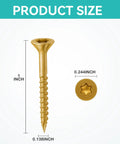 Two Hundred Pack Size Six By One Inch Yellow Flat Head Deck Screws T10 Torx Drive, showing size and shape details.