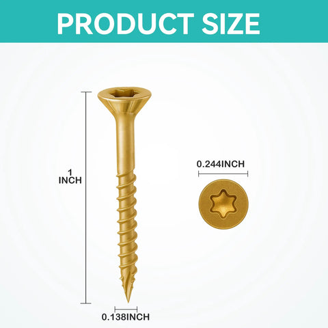 Two Hundred Pack Size Six By One Inch Yellow Flat Head Deck Screws T10 Torx Drive, showing size and shape details.