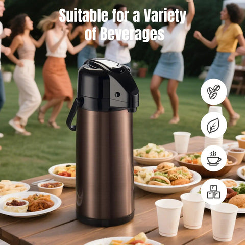 Upgraded Airpot Coffee Carafe With Double Pump Stainless Steel Drink Dispenser For Hot And Cold Bevs With Lazy Susan Base on picnic table