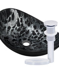 Oval Glass Vessel Bathroom Sink Set With Chrome Hardware, Hand Painted Black And Silver Finish, Tempered Glass, Drain Included