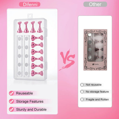 Comparison of two pink nail art display stand sets; reusable magnetic chess tips on left with storage, other set on right.