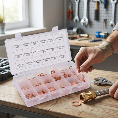 Go-To Copper Crush Washer Set Kit 350 Pcs in 18 Sizes for Automotive, Marine, Plumbing and Oil Drain Plug Seals - Pro Grade Copper Gasket Assortment for Premium Material Washers open case with labeled copper washers and hand holding a ring