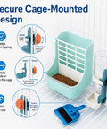 Heavy Duty 2 In 1 Hanging Hay Rack And Water Bottle Combo With Spacious Food Bowl For Bunnies Guinea Pigs Chinchillas And Little Critters Keeping Cages Clean mounted on wire cage with food and water.