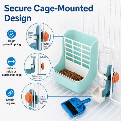 Heavy Duty 2 In 1 Hanging Hay Rack And Water Bottle Combo With Spacious Food Bowl For Bunnies Guinea Pigs Chinchillas And Little Critters Keeping Cages Clean mounted on wire cage with food and water.