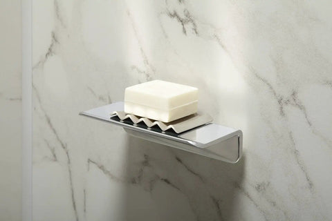 7 Inch Floating Shower Shelf With Anodized Brushed Nickel Finish For Choreograph Wall Panels Fits Over Tile Surfaces featuring soap trivet