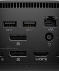 Thunderbolt 4 Dock With 280W Power Delivery And Combo Cable Delivering Heavy Duty Workstation Connectivity Featuring Hdmi Dual Displayports And Ample Usb Connections For Slick Plug And Play Success back view showing ports and connections.