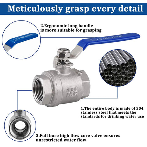 Three Quarter Inch Female NPT Ball Valve 304 Stainless Steel Full Port Heavy Duty Shut Off For Water Oil And Gas Blue Long Handle