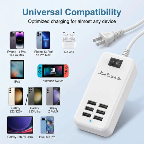 Six Port USB Charger Hub With US Plug Desktop Power Wall Adapter Cable Included Travel Charging Station For Six USB Devices